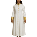 A woman modeling a long white cassock with gold trim at the collar, cuffs, and a row of gold buttons down the front, set against a plain white background.