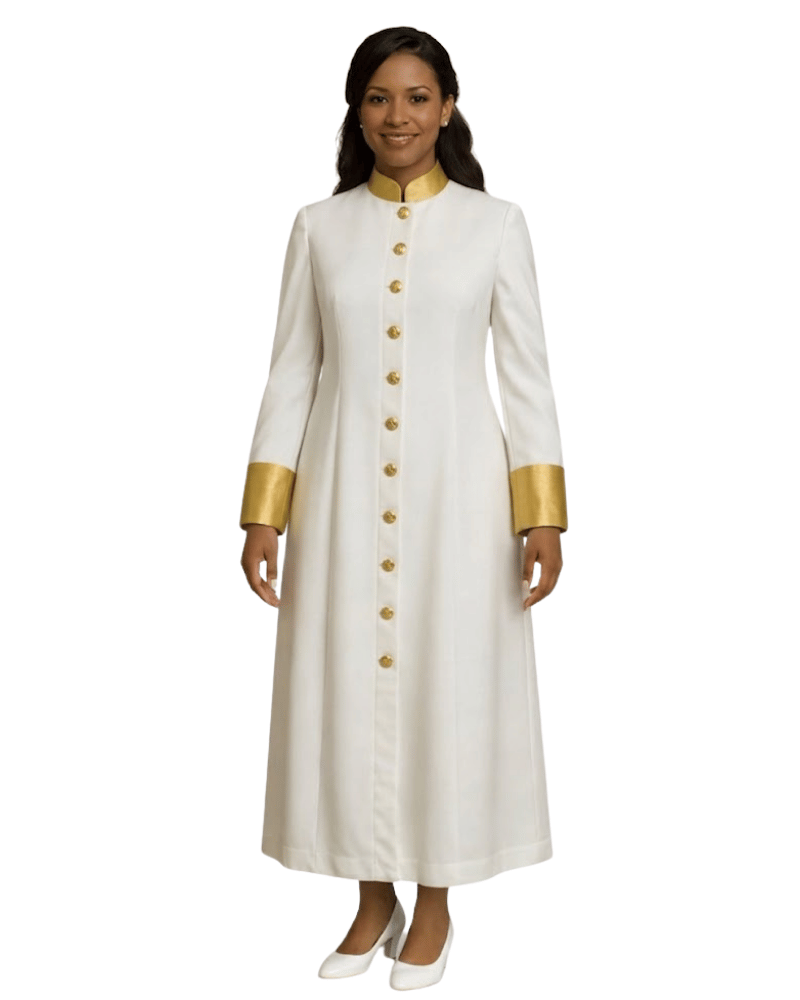 A woman modeling a long white cassock with gold trim at the collar, cuffs, and a row of gold buttons down the front, set against a plain white background.