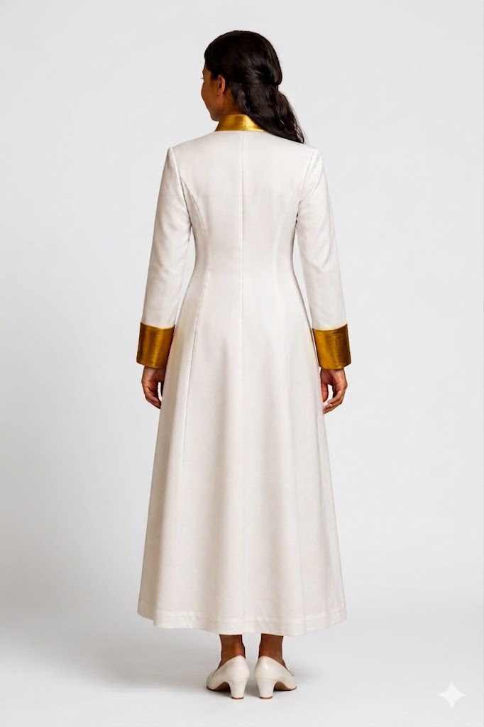 Woman wearing a long white robe with gold accents on a white background