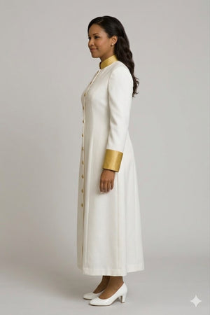 Woman wearing a long white robe with gold accents on a gray background