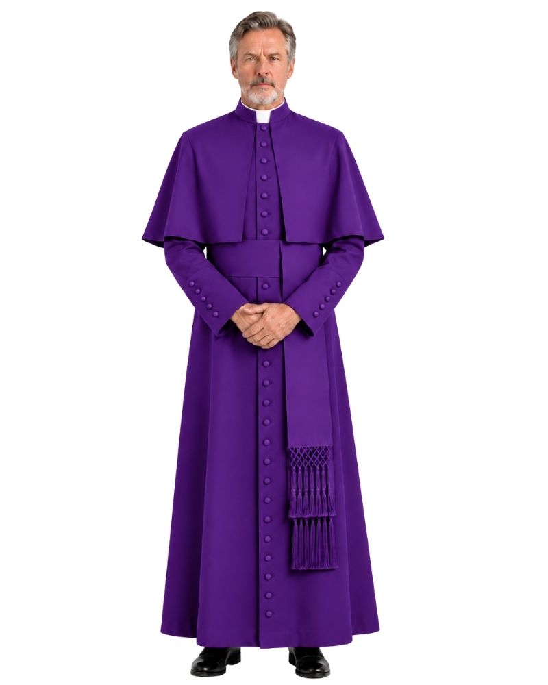 A man modeling a Augustine Purple Cassock With Shoulder Cape, long sleeves, decorative buttons, and a matching purple stole, shown against a plain white background.