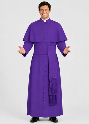 Man wearing a purple religious robe on a white background