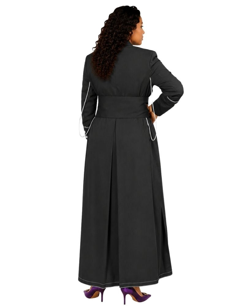 A woman shown from the back wearing a long black cassock with white piping details along the sleeves and waist, paired with purple high heels, against a plain white background.