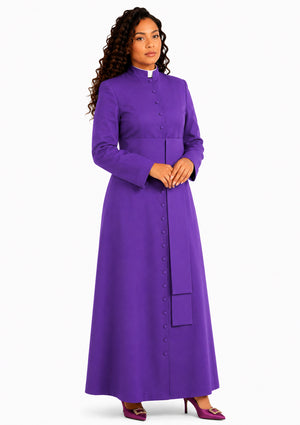 Woman wearing a purple robe on a white background 