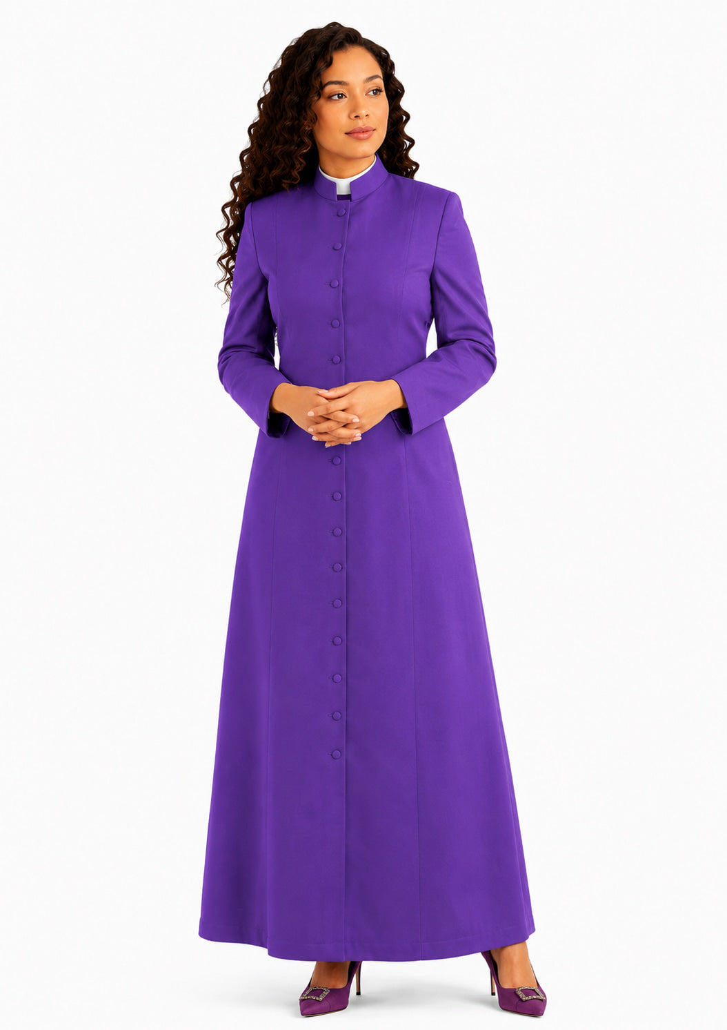 Woman wearing a purple robe with a white background
