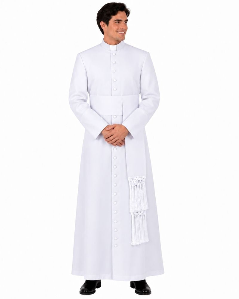 A man modeling a Beaux White Cassock, front button closure, and a white sash with fringe, photographed against a plain white background.