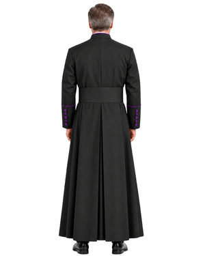 A Black Clergy Cassock With Roman Purple Trim featuring a button-up front and collar, shown against a light gray background.