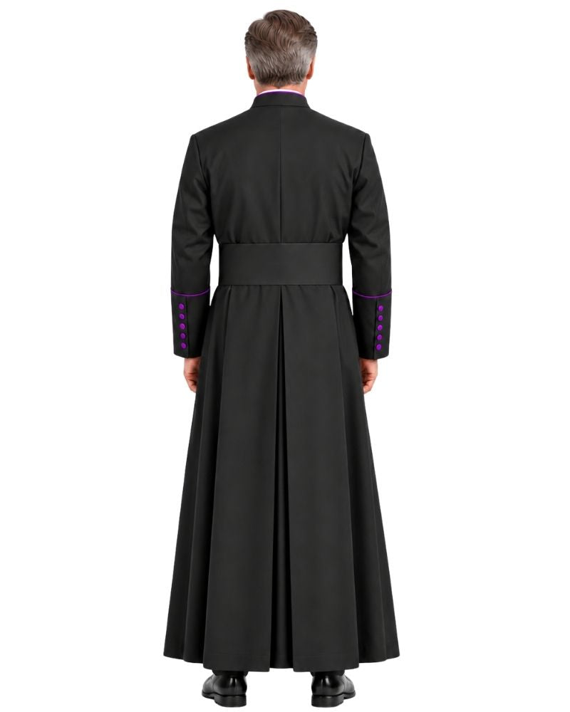 A Black Clergy Cassock With Roman Purple Trim featuring a button-up front and collar, shown against a light gray background.
