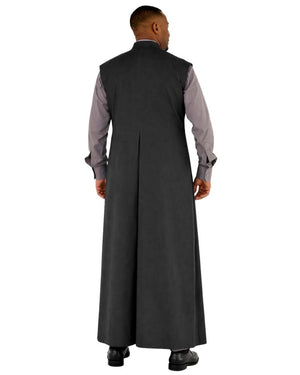 A man viewed from the back wearing a long dark gray robe over a light gray long-sleeve shirt and black shoes, isolated on a white background.
