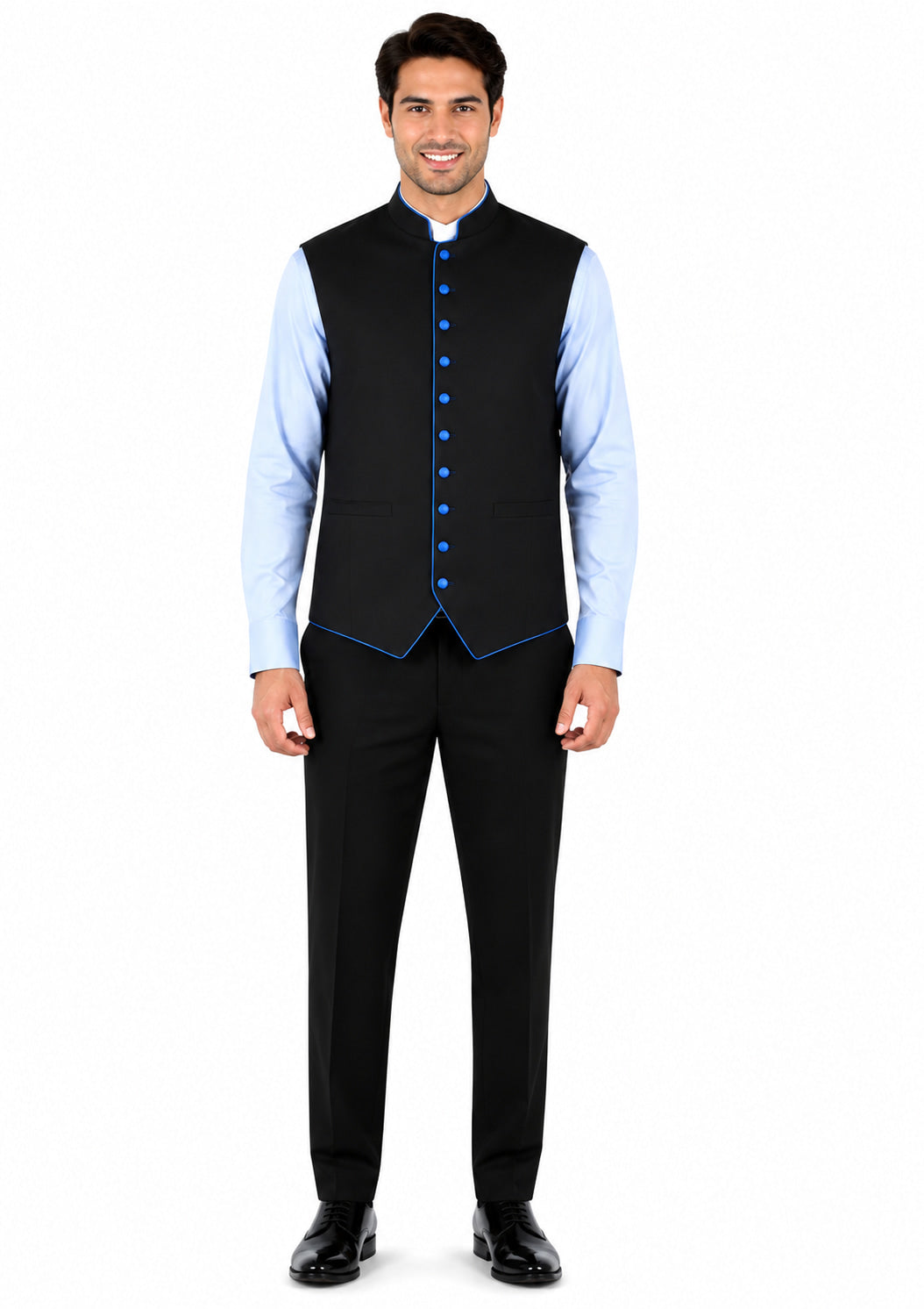 Man wearing a black vest over a light blue shirt with blue trim on a white background
