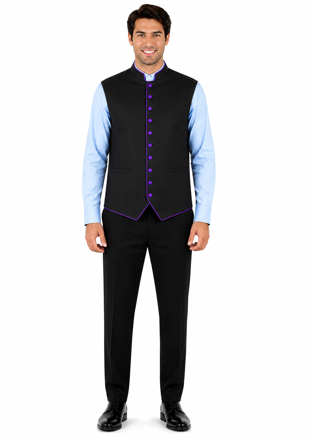 Man wearing a black vest over a light blue shirt with purple trim on a white background