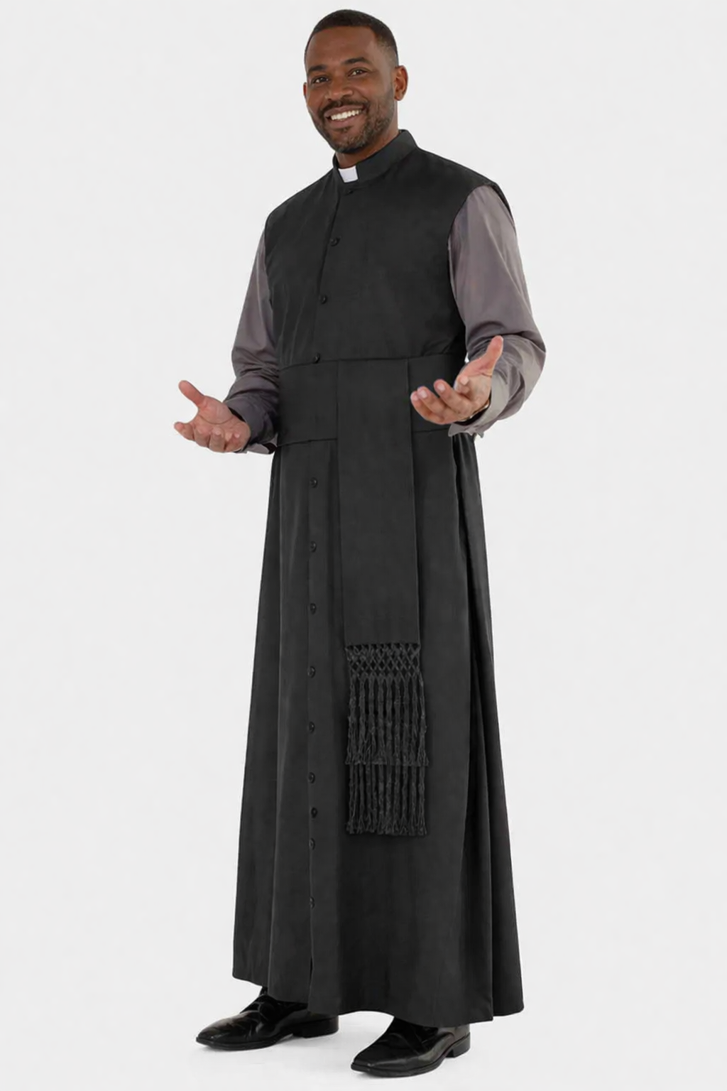 Man wearing a black robe with a white background