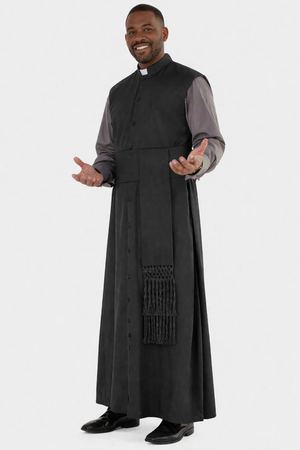 Man wearing a black robe with a white background