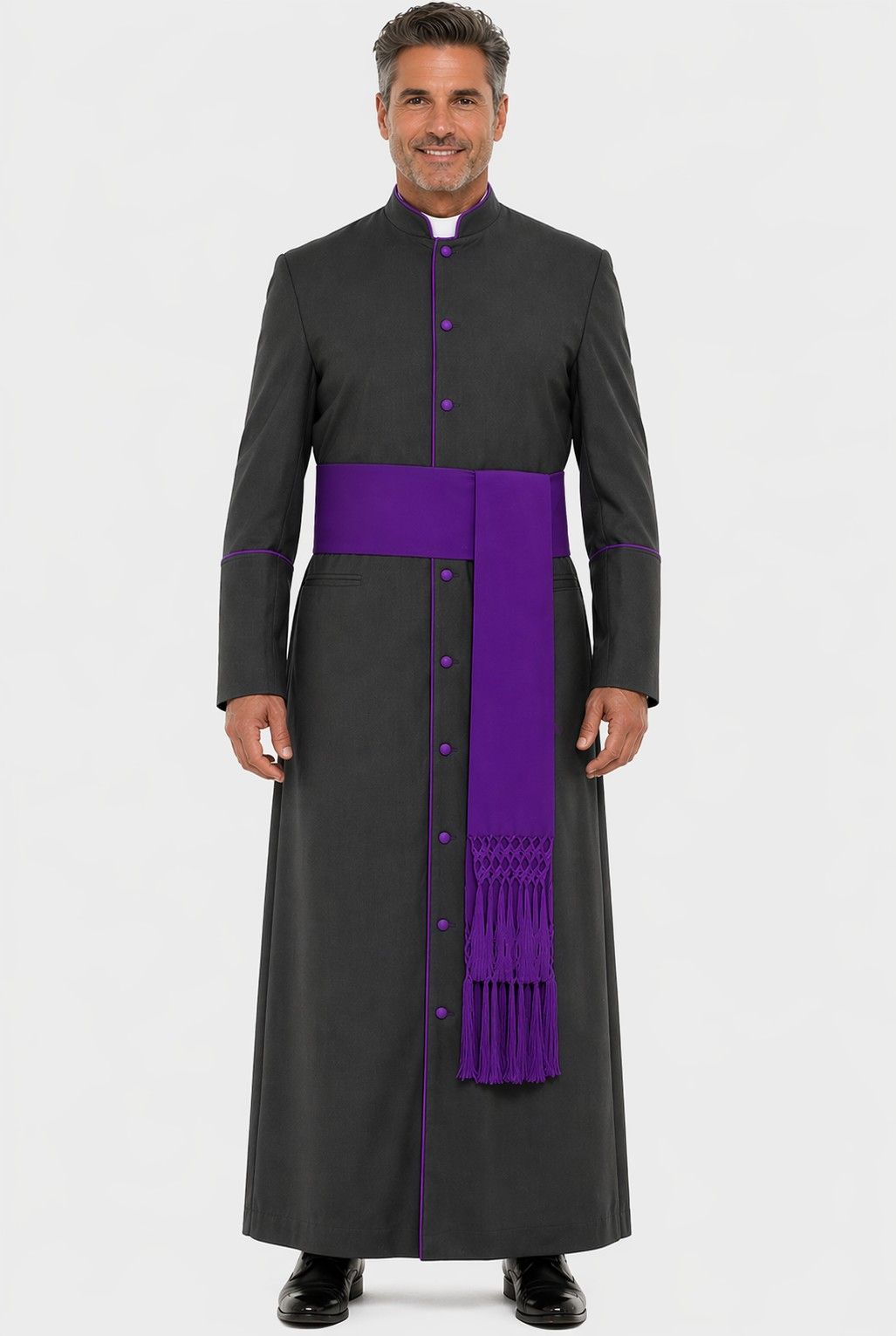 Men’s Black Clergy Robe with Roman Purple Trim Style – Holy Clergy Shop