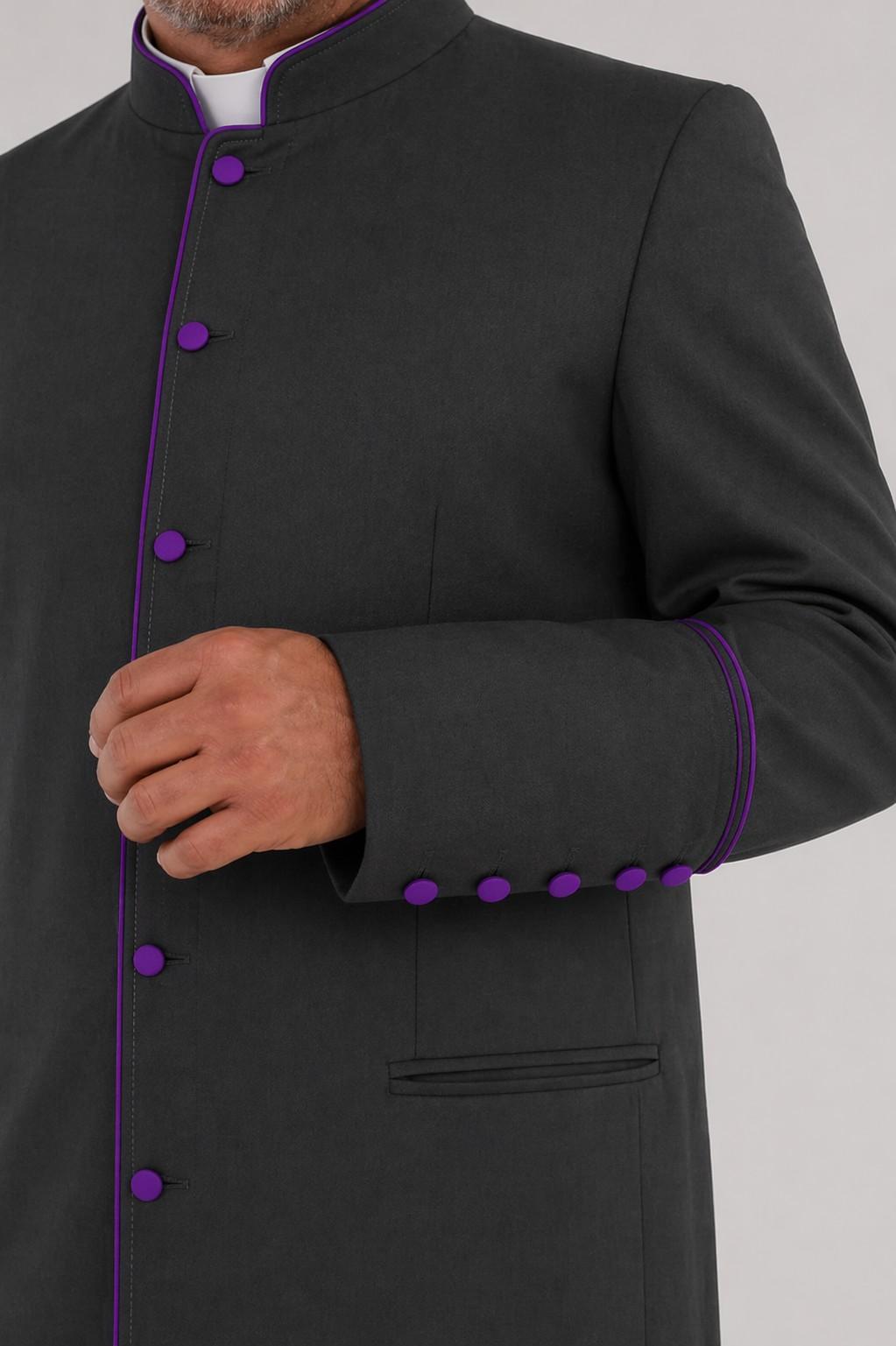 Black coat with purple buttons on a gray background