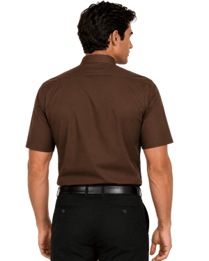 A man shown from the back wearing a short-sleeve brown clerical shirt and black pants against a plain white background.
