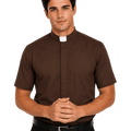 A man wearing a brown short-sleeve priest collar shirt with a white collar tab, paired with black pants and a black belt, against a plain white background.