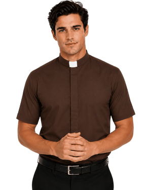 A man wearing a brown short-sleeve priest collar shirt with a white collar tab, paired with black pants and a black belt, against a plain white background.