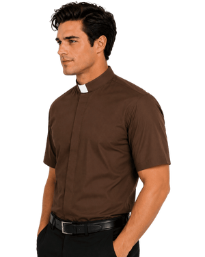 A man wearing a brown short-sleeve clerical shirt with a white collar, paired with black trousers and a black belt, shown in a three-quarter profile against a plain white background.