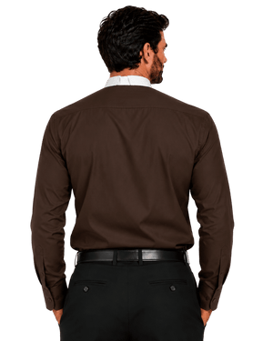 A man shown from the back wearing a dark brown long-sleeve clerical shirt, black trousers, and a black belt against a plain white background.