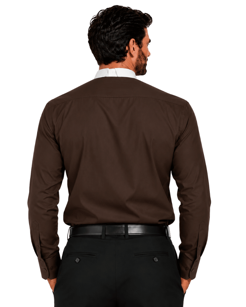 A man shown from the back wearing a dark brown long-sleeve clerical shirt, black trousers, and a black belt against a plain white background.