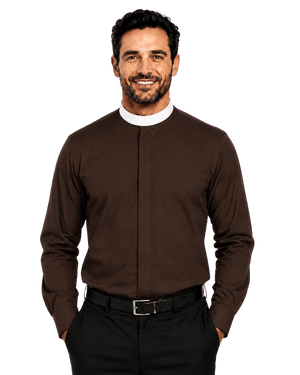 A smiling man wearing a dark brown long-sleeve clerical shirt with a white collar, paired with black trousers and a black belt, against a solid white background.