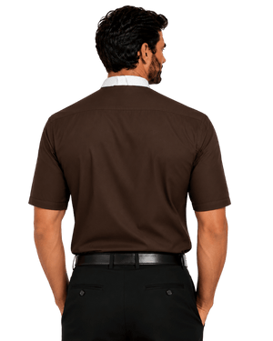 A man shown from the back wearing a dark brown short-sleeve clerical shirt, black trousers, and a white dress shirt collar, against a plain white background.