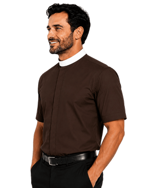 A man wearing a dark brown short-sleeve clerical shirt with a white collar, paired with black trousers and a black belt, shown in a side profile against a white background.