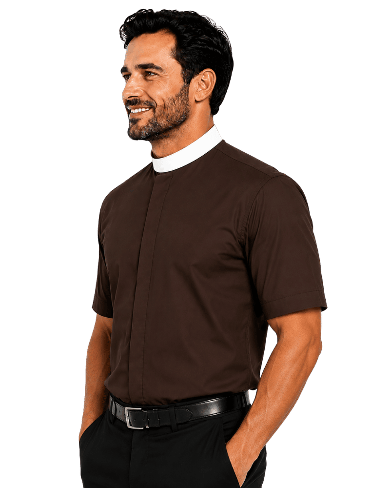 A man wearing a dark brown short-sleeve clerical shirt with a white collar, paired with black trousers and a black belt, shown in a side profile against a white background.