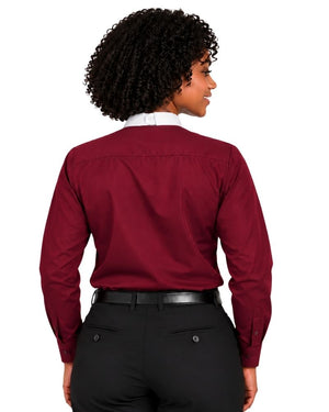 A woman shown from the back wearing a long-sleeve burgundy clerical shirt with a white collar, paired with black trousers and a black belt, against a plain white background.