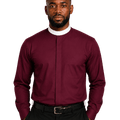 A man wearing a burgundy long-sleeve clerical shirt with a stand collar, paired with black trousers and a black belt, photographed against a solid white background.