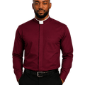 A man wearing a burgundy long-sleeve clerical shirt with a white collar, black trousers, and a black belt, photographed against a plain white background.