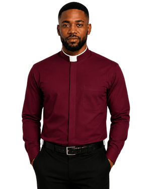 A man wearing a burgundy long-sleeve clerical shirt with a white collar, black trousers, and a black belt, photographed against a plain white background.