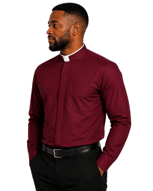A man wearing a burgundy long-sleeve clerical shirt with a white collar, paired with black trousers and a black belt, shown against a plain white background.