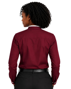 A woman shown from the back wearing a long-sleeve burgundy clerical shirt tucked into black pants with a black belt, against a plain white background.