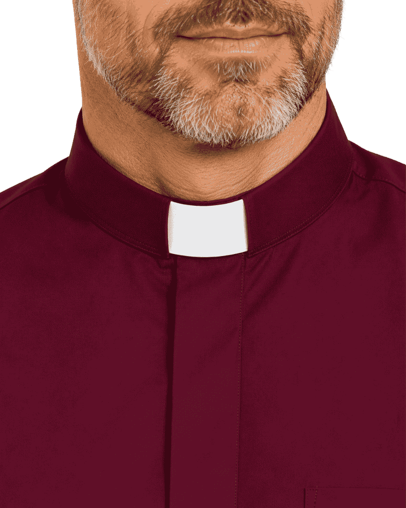 A close-up of a man's lower face and neck wearing a burgundy clerical collar with a white tab, set against a plain white background.