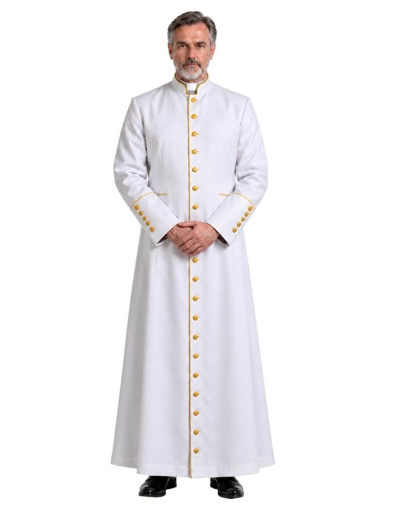 A man modeling a Caleb White Clergy Robe With Gold Accents, front button closure, and a white sash with fringe, photographed against a plain white background.