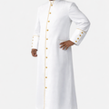 Man wearing a white robe with gold buttons on a white background