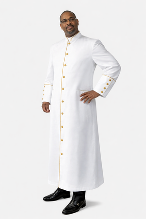 Man wearing a white robe with gold buttons on a white background