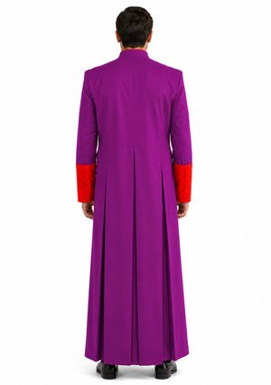 Purple robe with red cuffs and hem on a white background