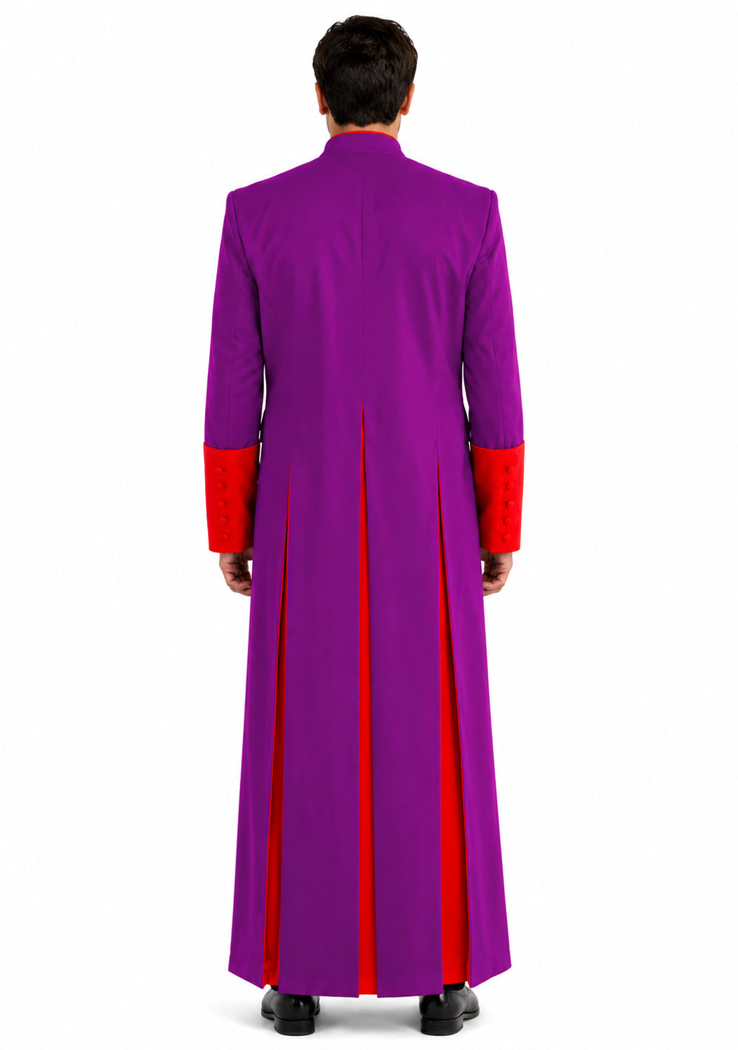 Man wearing a purple robe with red accents on a white background