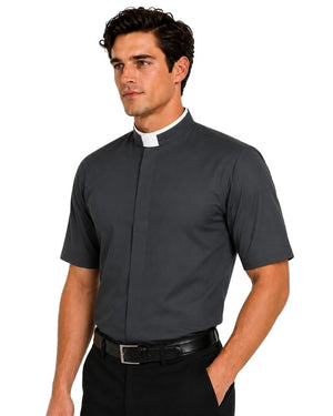 A man wearing a dark gray short-sleeve clerical shirt with a white collar, paired with black trousers and a black belt, against a plain white background.