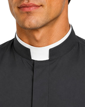 Close-up of a man wearing a black clerical shirt with a white collar, showing the neck, chin, and lower face against a plain white background.