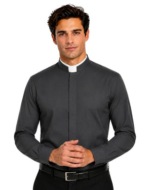 A man wearing a dark gray long-sleeve clerical shirt with a white collar, paired with black trousers and a black belt, against a plain white background.