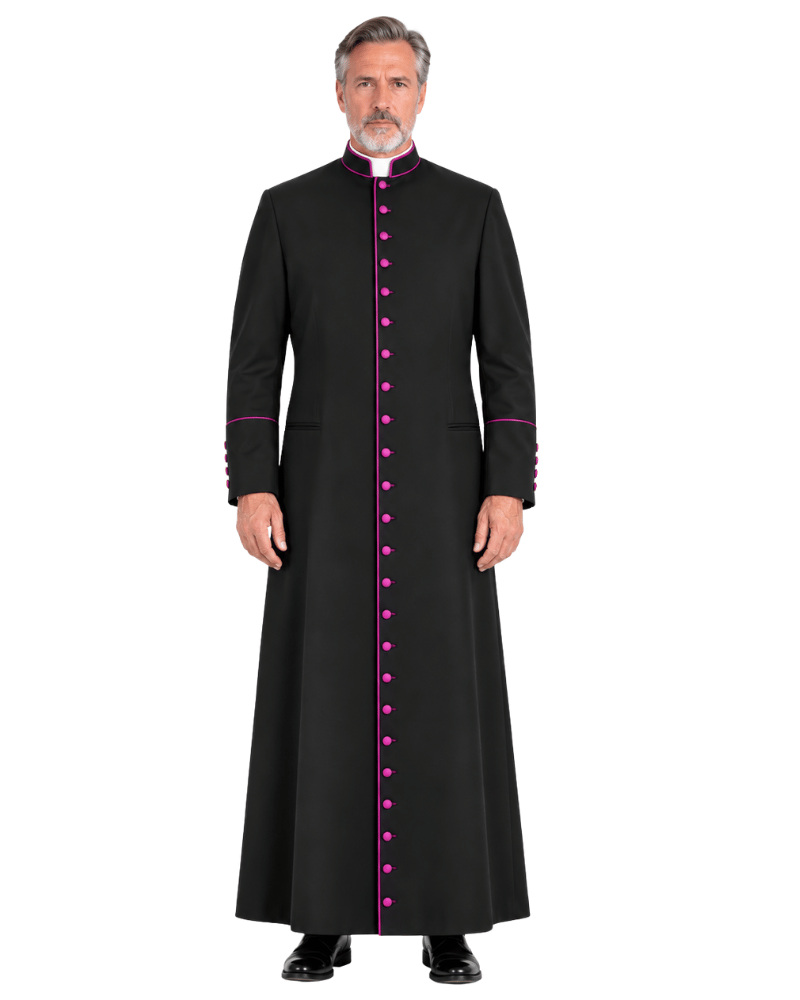 A man modeling a Classic Clergy Cassock With Magenta Trim with bright pink trim and pink buttons down the front, shown against a plain white background.