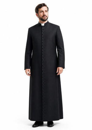 Man wearing a black priest's robe on a white background