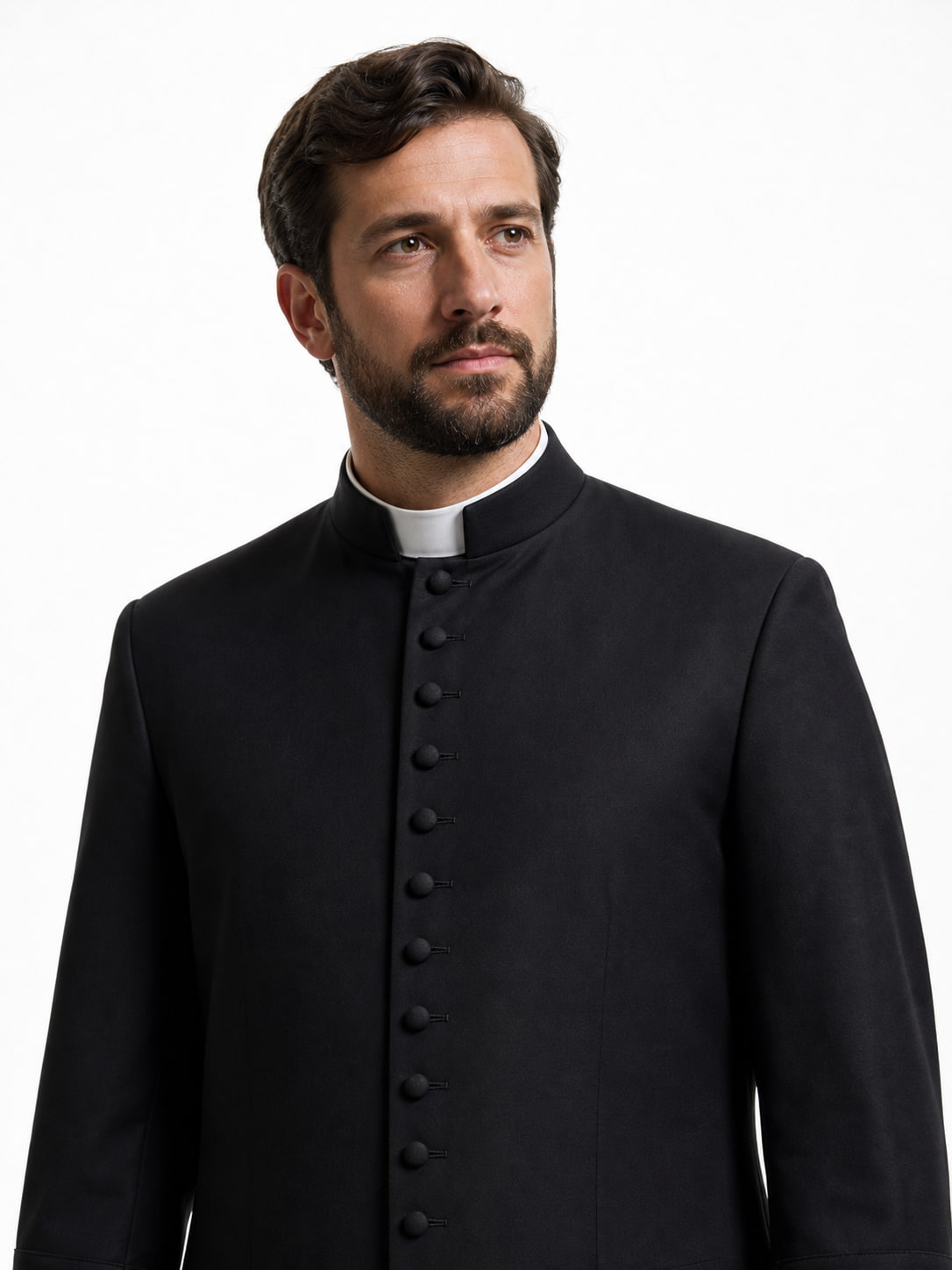 Man wearing a black priest's robe on a white background