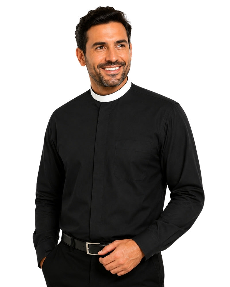 Man wearing a black long-sleeve clerical shirt with a white collar against a light gray background