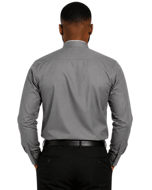 A man viewed from the back wearing a gray long-sleeve clerical shirt, black trousers, and a black belt against a plain white background.