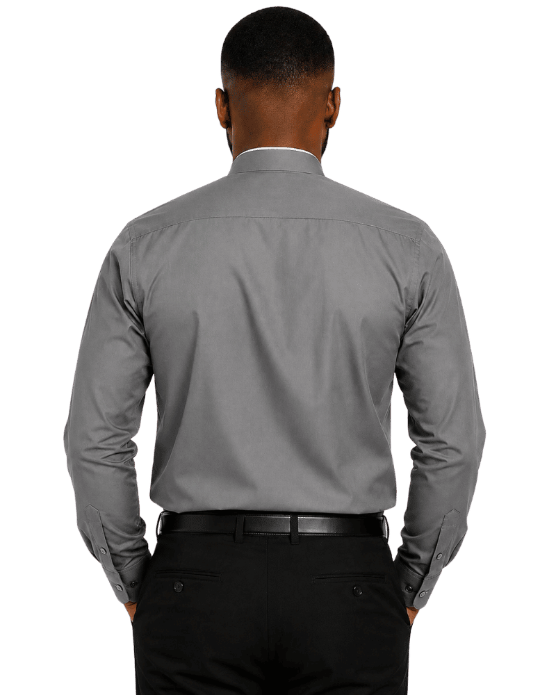 A man viewed from the back wearing a gray long-sleeve clerical shirt, black trousers, and a black belt against a plain white background.